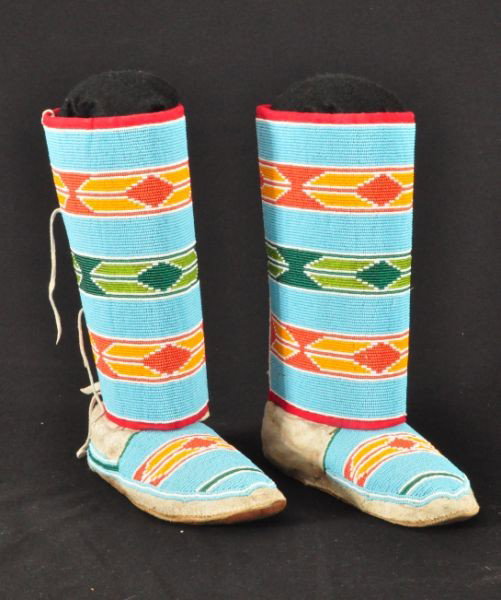 Crow Indian Beaded Moccasins with Leggings 1920s: Crow Indian Beaded Moccasins with Matching Leggings. Measure 12" Tall