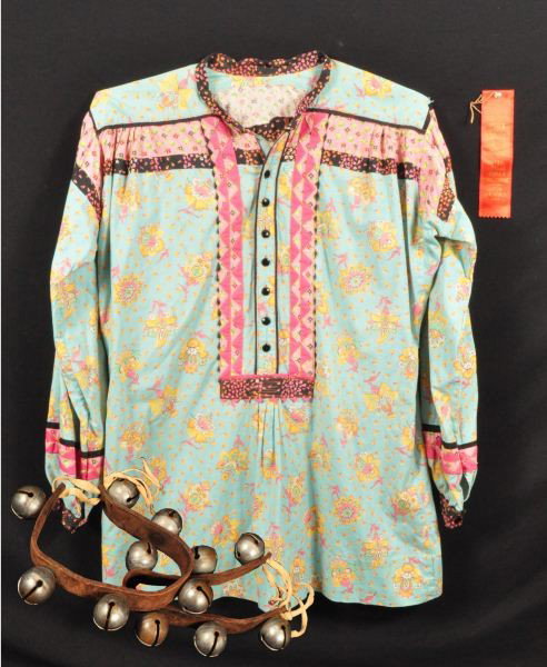 Award Winning Seminole Ribbon Shirt and Bells: Antique Dancing Bells, Ribbon Reads "Inter-Tribal Indian Shirt Ceremonial Second Prize Winner Gallup, New Mexico" 1959