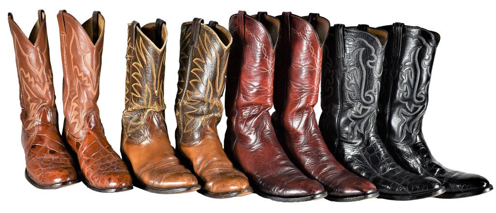 Four Pair of Vintage Men's Cowboy Boots: Four Pair of Vintage Men's Cowboy Boots Size 10 1/2. Vintage late 70's early 80's. Cordovan leather. Wide square toe, underslung heel by Lucchese-San Antonio, TX. Brown alligator, wide round toe, unde