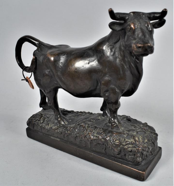 Antique Pompeian Bronze Bull Statue Sculpture: Pompeian Bronze Bull Statue Sculpture. Original Pompeian tag on bottom. Polychrome/armor bronze. Excellent condition. 7 X 7 X 2 1/4 inches.