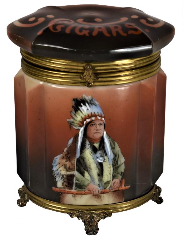 Porcelain Hand Painted Native American Cigar Jar: Antique base, repair at hinge, no chips or cracks. 5 X 6 1/2 X 3 3/4 inches.