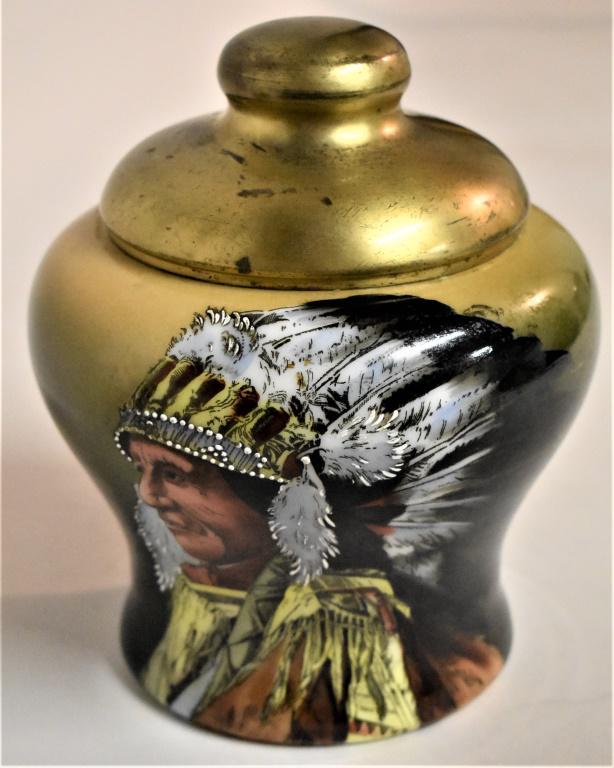 Nakara Wave Crest Porcelain Tobacco Humidor Jar: Nakara Wave Crest Porcelain Tobacco Humidor Jar. Hand painted, marked Nakara, C.F.M. Co. Chips around interior lip under metal lid otherwise overall very good condition. 7 1/4 inches tall X 6 inch dia