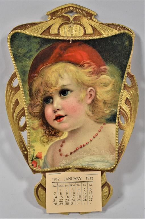 1912 Embossed Die Cut Calendar for Florence Walton Cigars: 1912 Embossed Die Cut Calendar for Florence Walton Cigars. Manufactured by Irwin Horst. Schaefferstown, Pa. Depicting little girl in red tam and beads. Minor edgewear and tear above top right calendar