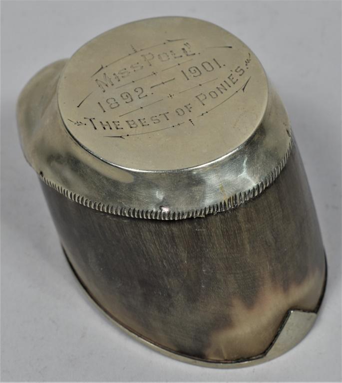 Miss Poll Commemorative Horse Hoof: Miss Poll, Commemorative Horse Hoof. Brass engraved top and shoe 1892-1901 "The best of Ponie's". Excellent original condition. 3 1/2 X 3 X 5 inches.