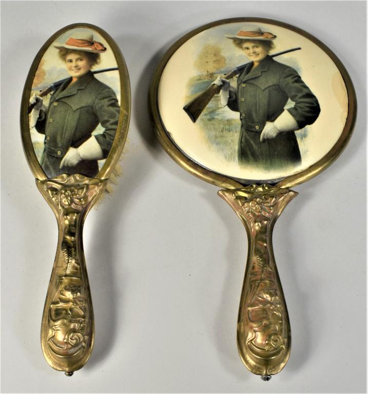 Celluloid Brush and Mirror Lady Hunter Motif: Antique Celluloid Brush and Mirror Lady Hunter Motif. Image used in Harrington and Richardson Firearms Advertisement. Excellent overall condition, glass in mirror has been replaced. Brush measures 8 1