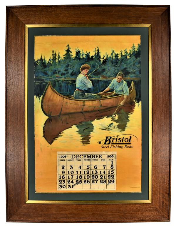 1906 Calendar for Bristol Steel Fishing Rods: 1906 Calendar for Bristol Steel Fishing Rods. Copyright 1906 by Hayes Litho Co. Depicting couple fishing in canoe. Restored condition with original bands top and bottom. December page only. Framed und