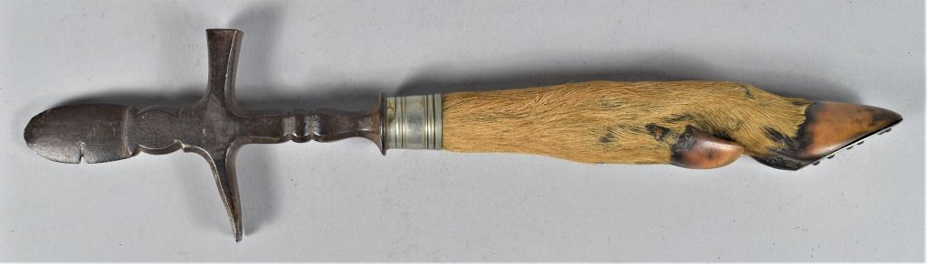 Tobacciana Deer Foot/Hoof Handle Cigar Box Opener: Tobacciana Deer Foot/Hoof Handle Cigar Box Opener and Hammer Tool. Forged iron tool with nickel collar and hoof cover. 11 inches long overall.