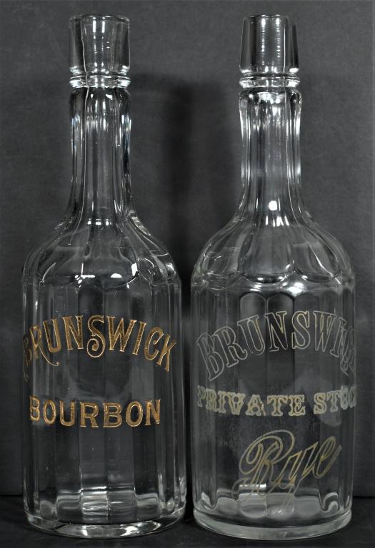 Etched Glass Back Bar Bottles for Brunswick Bourbon and Rye Whiskey: Antique Etched Glass Back Bar Bottles for Brunswick Bourbon and Private Stock Rye Whiskey. No chips or cracks. 11 1/2 inches.