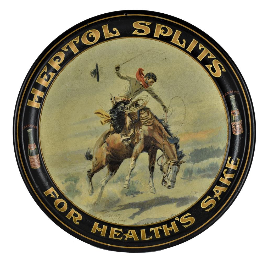 Heptol Splits Tin Serving Tray: Heptol Splits Tin Serving Tray. 1904 C. M. Russell image of cowboy bucking on horse. Chas. W. Shonk, Chicago No. 2481. Restored condition. 12 inch diameter.