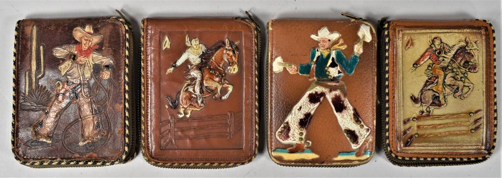 Vintage Collection of Four Cowboy Motif Wallets: Vintage Collection of Four Cowboy Motif Wallets. Let-R-Buck with jewels, missing zipper pull. Cowboy with chaps by Nash Inc. Cowboy jumping fence on horse by Tool-O-Craft. Cowboy roping by California