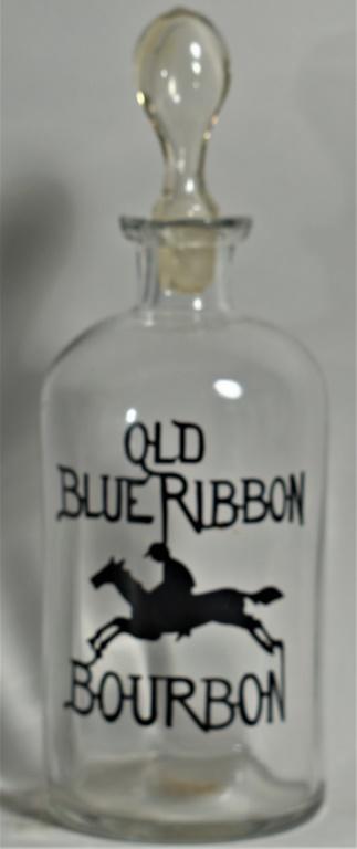 Sterling Silver Overlay Bourbon Bottle: Advertising Sterling Silver Overlay Bourbon Bottle for Old Blue Ribbon Bourbon. Horse race motif. Lip chip and stopper chipped. 7 inches tall w/o stopper.