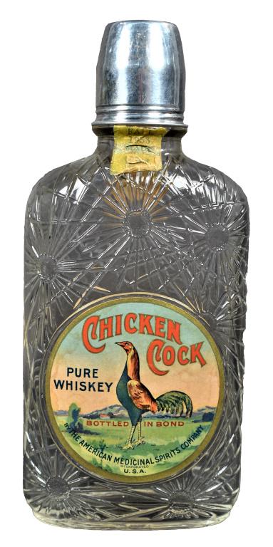 Chicken Cock Whiskey Saloon Cut Crystal Flask Style Bottle: Chicken Cock Whiskey Saloon Cut Crystal Flask Style Bottle. Original shot top and paper label. Beautiful display bottle. By the Medicinal Spirits Company. Tax stamp at neck, Fall 1833 - Fall 1917. Tea