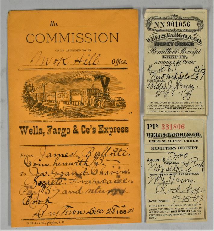 Wells Fargo Ephemera: Wells Fargo Ephemera. Money order receipts from 1913 and Commission order Dated Dec 28, 1882, beautiful graphics, 4 1/4 X 7 inches.