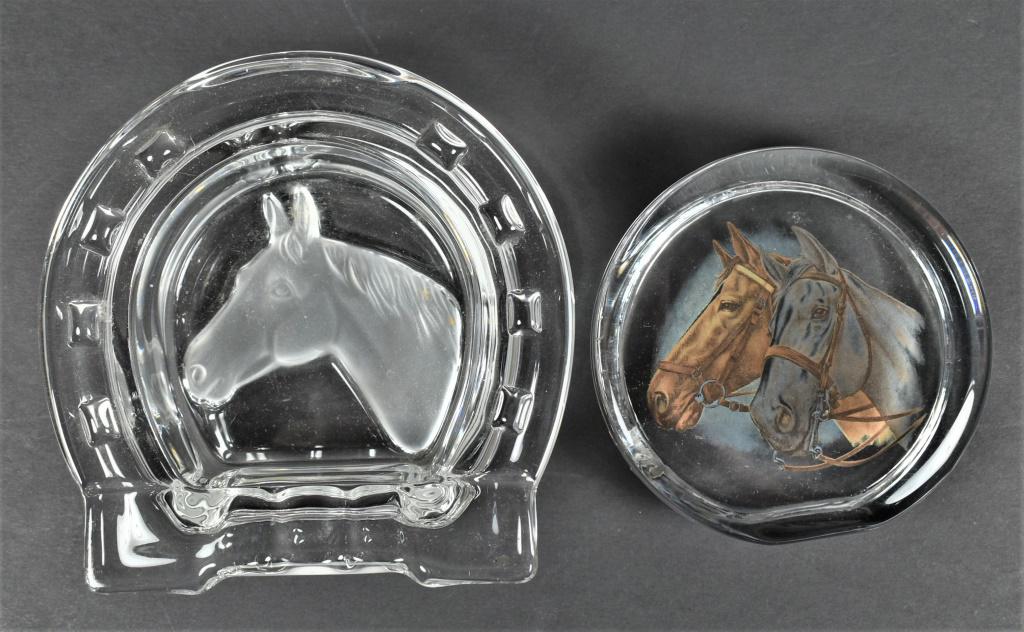 Horse Motif Glass Ashtray and Paperweight: Vintage Horse Motif Glass Ashtray and Paperweight. No chips or cracks. 4 1/2 X 1 1/2 X 4 1/2 inches. Paperweight 3 5/8 inch diameter.