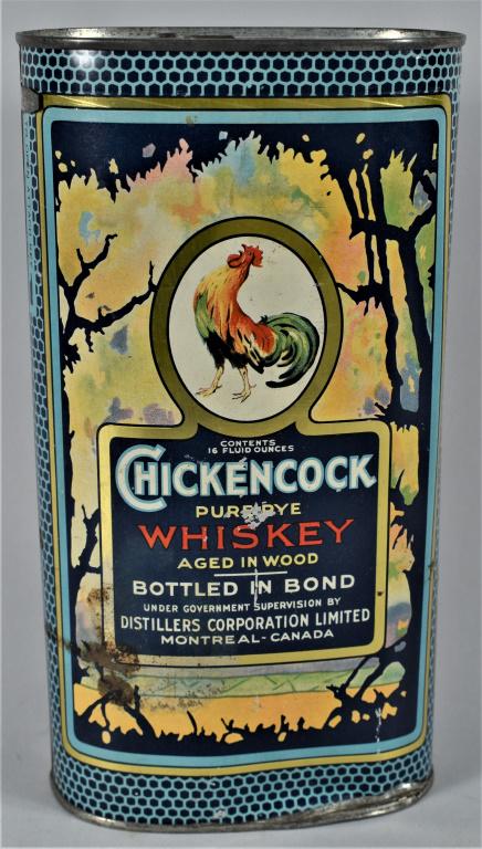 Chicken Cock Pure Rye Whiskey Unopened Tin Litho: Chicken Cock Pure Rye Whiskey Unopened Tin Lithograph Unopened Container. The bottle that is in it is just like the bottle in the next lot except it is full of course. Distillers Corporation Limited. 