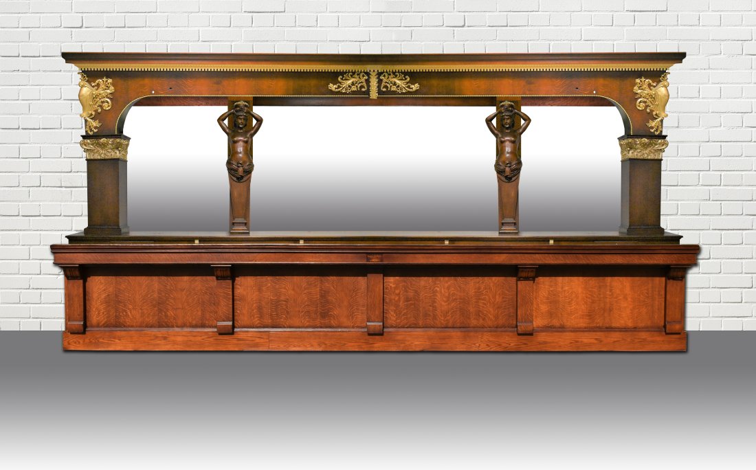 1890s, Brunswick Balke Collender Co. "Los Angeles" Model Saloon Front and Back Bar: 1890s, Brunswick - Balke - Collender Co. "Los Angeles" model saloon Front and Back Bar. Two Full, Life-size Nude Women support columns in the center. Beautiful 24-foot back bar, 11 Feet Tall and 22 1/