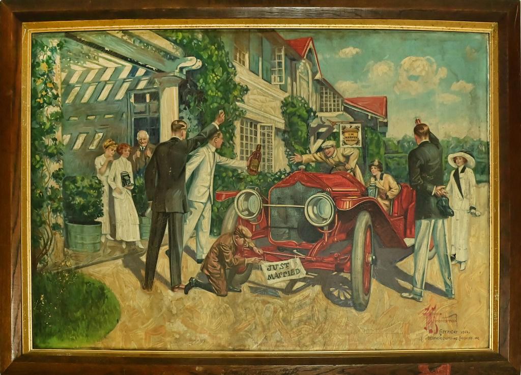 I.W. Harper Whiskey 1912 Automobile Saloon Sign: 32" x 44", "Just Married" 1912 early automobile, saloon sign. In good condition with a small 1 inch tear .Paper on linen in original I.W. Harper marked frame.