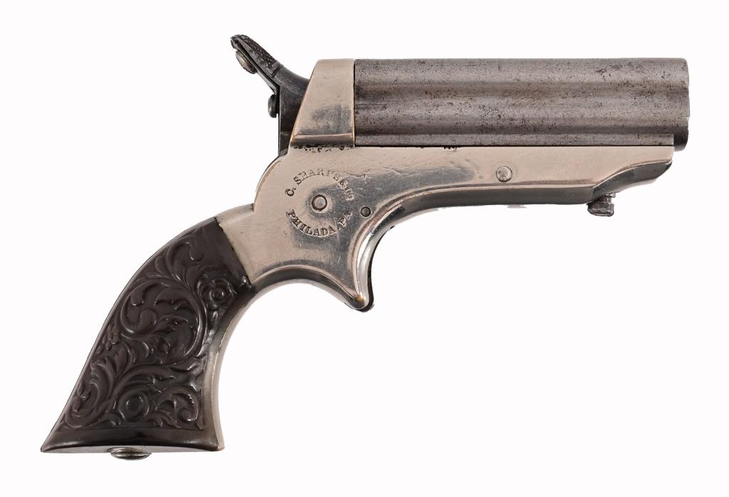 Sharps Pepperbox .22 Short Derringer: S/N 15435. Nickel plated frame, bakelite grips.