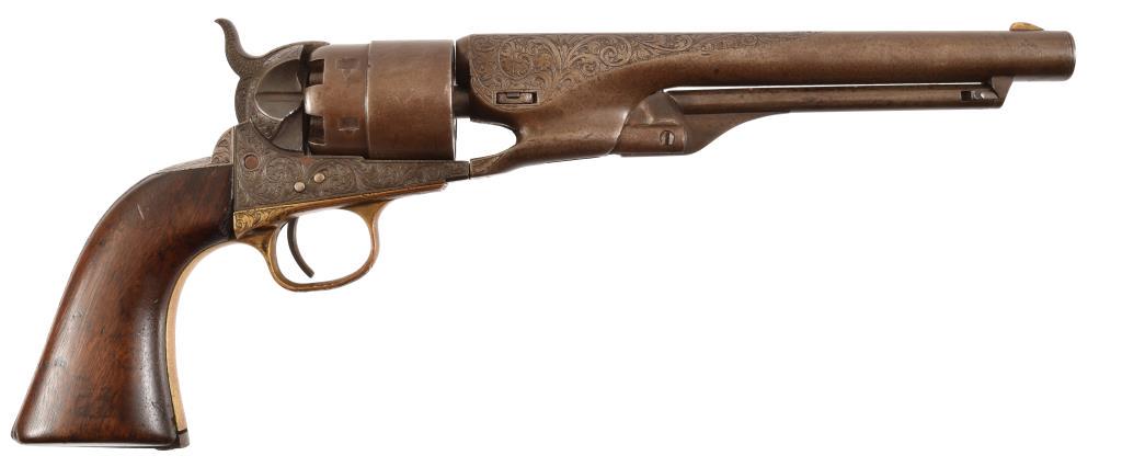 Engraved Colt Model 1860 Army Revolver: 8" bbl, backstrap notched for shoulder stock. Period deep engraved. Cylinder seen visible. S/N 90860, circa 1863