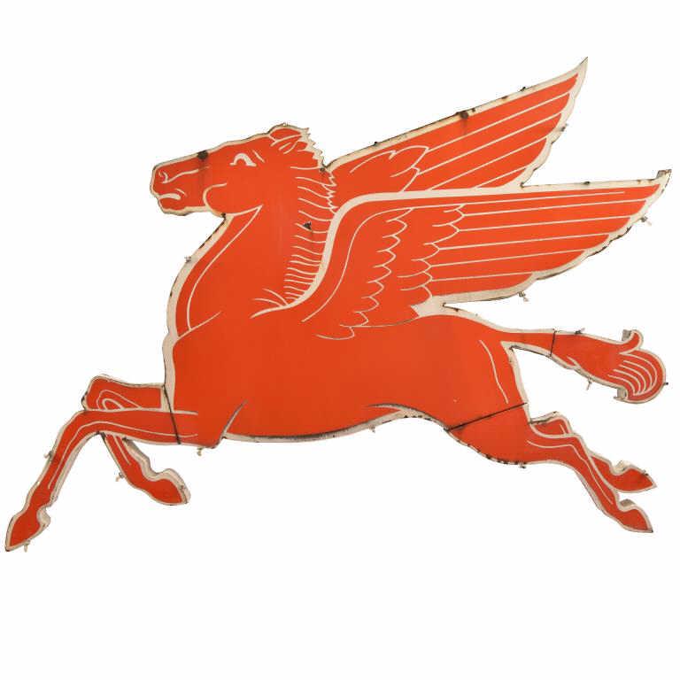 Original Mobil Pegasus 8ft Porcelain Sign: Three piece original Mobil Pegasus cookie cutter sign. Approx. 8ft x 5ft. Used to hang above Centerpoint Station in San Marcos, Texas. It was neon around the edge at one point.
