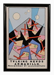 AWHQ Talking Heads Concert Poster By Guy Juke: Held at AWHQ on November 21, 1980. Framed 14" X 20". From Ray Benson's personal collection.