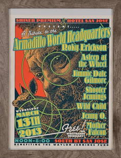 Armadillo World Headquarters 2013 Poster Guy Juke: South By San Jose Concert Poster from Hotel San Jose on March 13th, 2013; Featuring Roky Erickson, Asleep At The Wheel, Jimmie Dale Gilmore, Shooter Jennings, Wild Child, Jenny O. and Mother Falcon. B