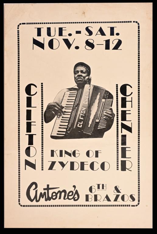 Clifton Chenier Concert Poster At Antone's: The "King Of Zydeco" Tue.-Sat. Nov. 8-12. 13" X 20". From Ray Benson's personal collection.