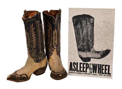 Pair Of Ray Benson's Boots And AATW Concert Poster: Well Worn Pair of Ray's custom cowboy boots and Asleep At The Wheel Concert Poster with a picture of the same Boot. Live at Ponte Vedra Concert Hall, Dec. 18, 2018. Limited Edition 30/70. Designed By