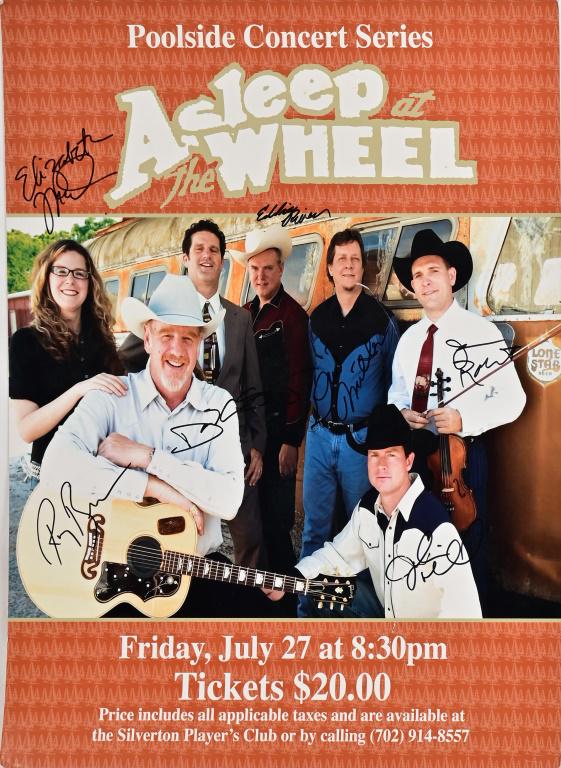 Asleep At The Wheel Autographed Poster: Poolside Concert Series, Friday, July 27, Silverton Casino, Las Vegas. Signed by Ray Benson, Elizabeth McQueen, David Sanger, Eddie Rivers, David Miller, Jason Roberts and John Michael Whitby. 22" X 2