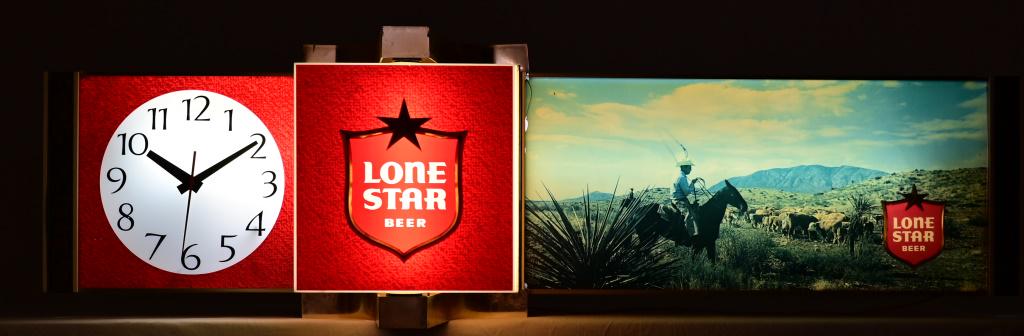 1960s Lone Star Beer Cowboy Clock Revolving Sign: Works. 57" L x 18" D x 15-3/4" H