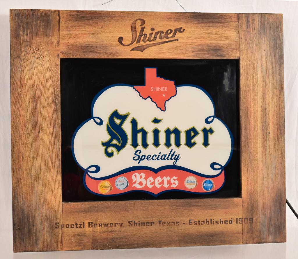 Framed Shiner Beer Lighted Sign: Wood framed. Back-lit.