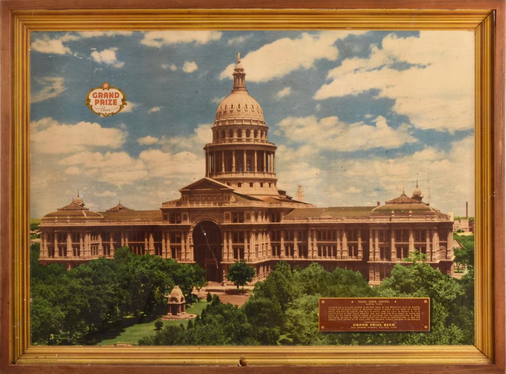 Grand Prize Beer Large Texas Capitol Sign: Framed Grand Prize Beer Texas Capitol cardboard sign, framed 46.25" x 34.5"