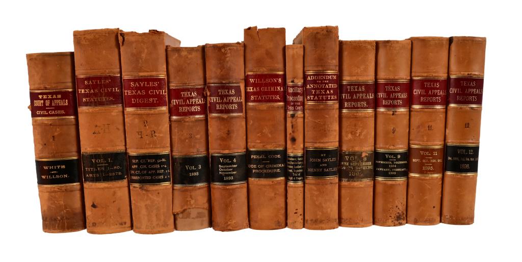 Set of (12) 1883 Texas Law Books: Twelve leather bound Texas law books inscribed "E.R. Guenther Atty at Law, San Antonio, TX 1895". Erhard R. Guenther's father built San Antonio's first steam and water powered mill C.H. Guenther and S