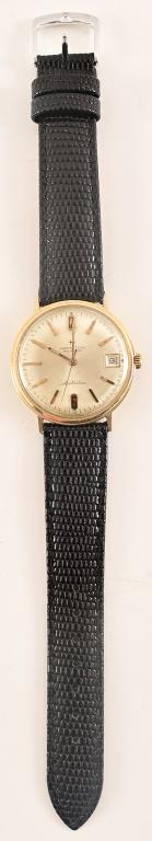 Hamilton Masterpiece 14k Gold Men's Watch: Lizard watch band. Watch back is engraved "Presented R.S. Terry In Appreciation of 25 Years Shell Service 1971."