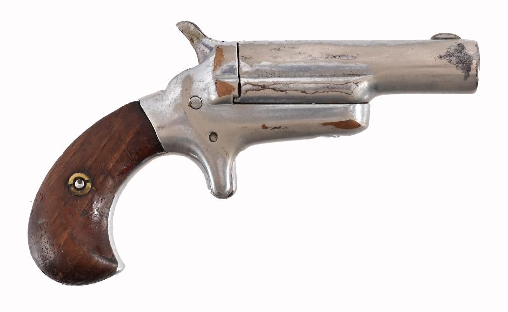Colt Derringer .41 Cal & Holster: S/N 11767. Nickel plated, walnut grips. Has period basket-weave tooled leather holster that has seen some wear, partial stitching loss to one side. Antique
