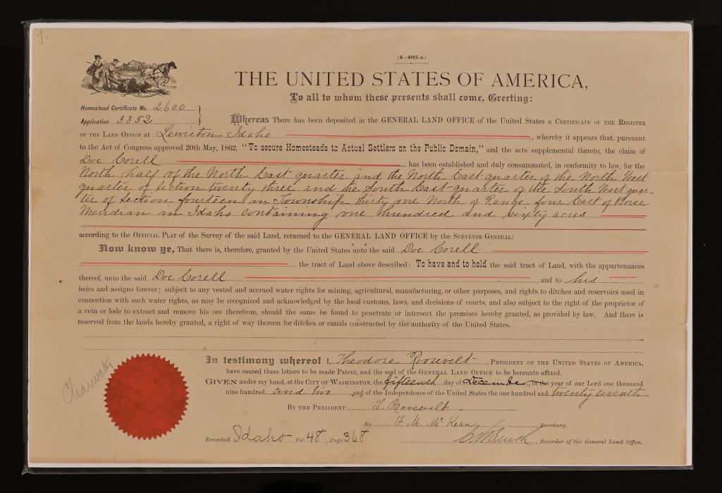 Pres. Theodore Roosevelt Signed Land Grant 1902: President Theodore Roosevelt signed Land Grant to Doc Corell in the amount of 160 acres in Meridian, Idaho. dated December 15, 1902. Measures 10.5" x 16"