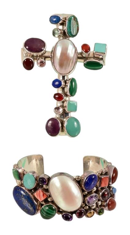 Multi-stone Sterling Cross Pendant & Bracelet: Cuff bracelet marked "Nakai" on back. Cross pendant measures 2.5" x 3.5", marked "R. Chee".