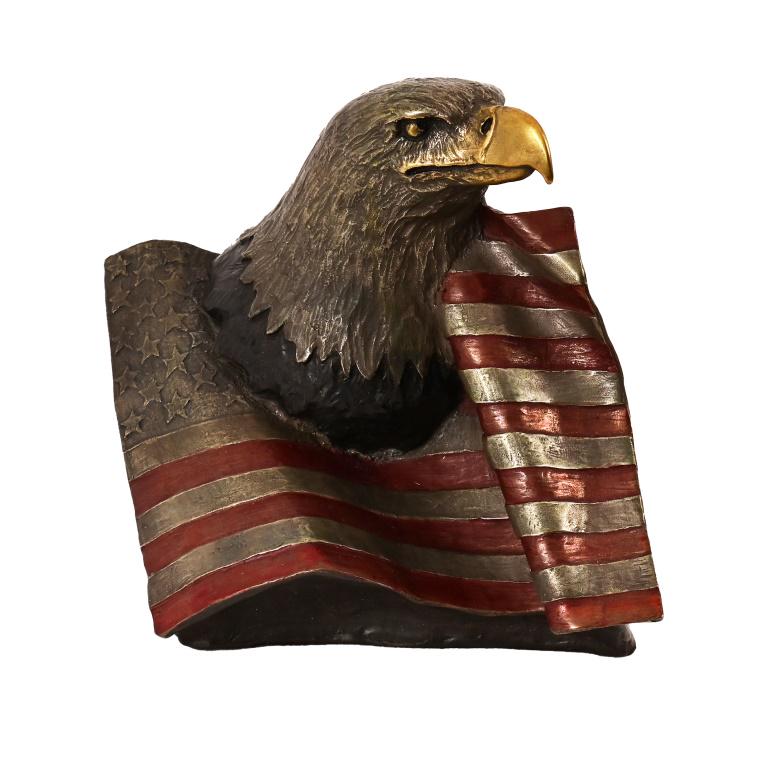 Mark Hopkins Eagle & Flag Bronze: Signed on back by artist Mark Hopkins and dated 2002, numbered 98/950. Measures 5" x 6" x 6.5"