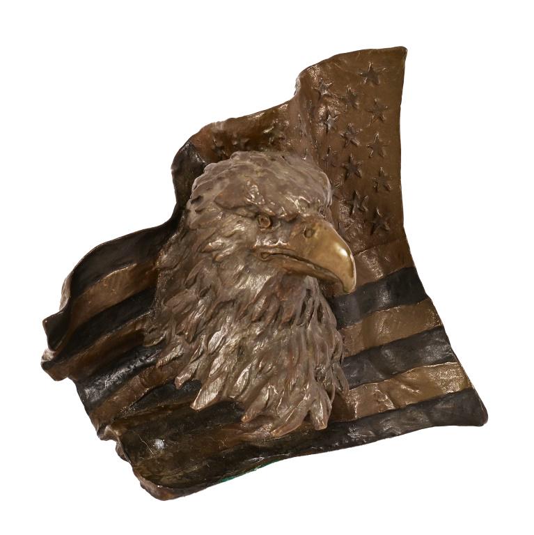 Mark Hopkins Eagle & Flag Bronze: Signed on back by artist Mark Hopkins and dated 1990, numbered 846/2500. Measures 4" x 5.5" x 6"