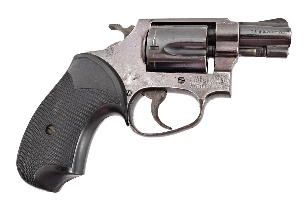 S&W Model 32-1 Revolver .38 S&W: * S/N 13161. Blue finish, 2" barrel, Pachmayr Compact Presentation rubber grips. With custom leather tooled holster.