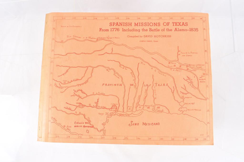 Map of Spanish Missions of Texas & Alamo Battle: From 1776, including the battle of the Alamo 1835. Rare. 17" x 22". By David Hotchkiss. Corpus Christi. 1966. Very Scarce.