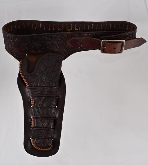 Colt SAA Fully Carved Holster: Fully carved triple loop Colt SAA 7.5" holster & gun belt. Carved with initials " H.D.L." on holster