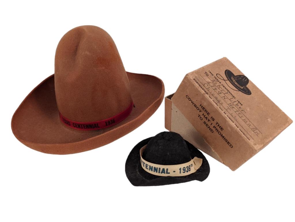 (2) Texas Centennial Souvenir Mini Cowboy Hats: Largest measures 5" x 6.5" x 8". Smaller hat with original box