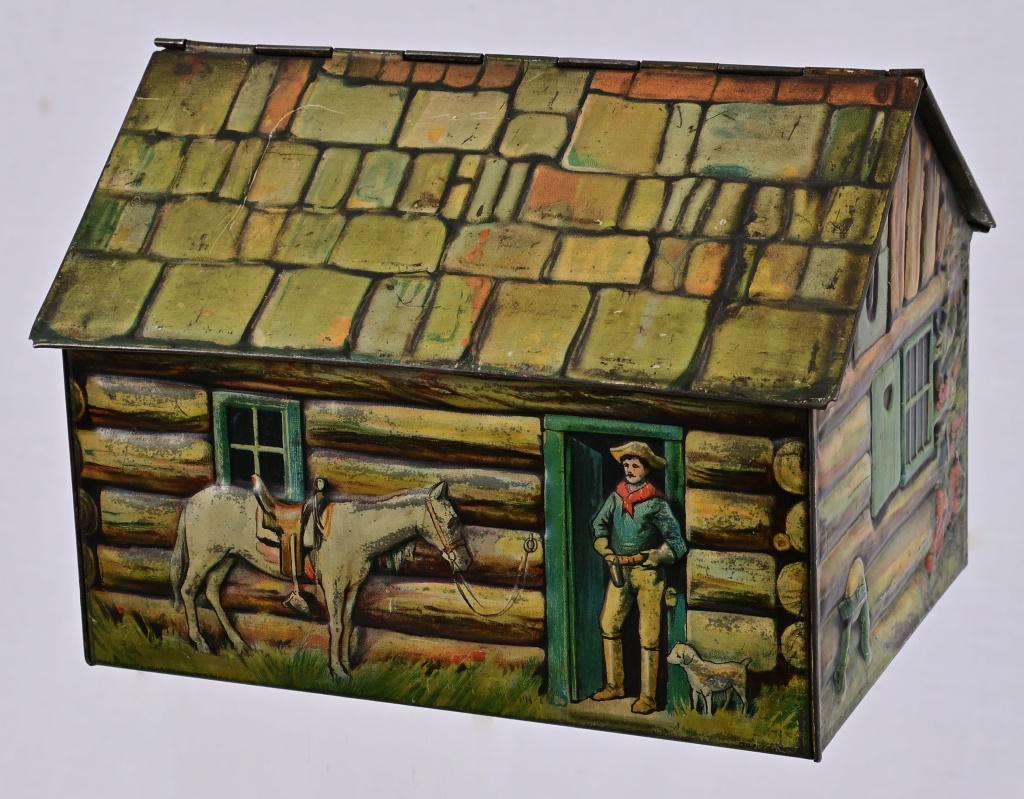 Log Cabin Storage Tin: S. Henderson & Sons Limited, Biscuit & Cake Manufacturers, Edinburgh & London. 6 1/2" X 5" X 4 3/4".