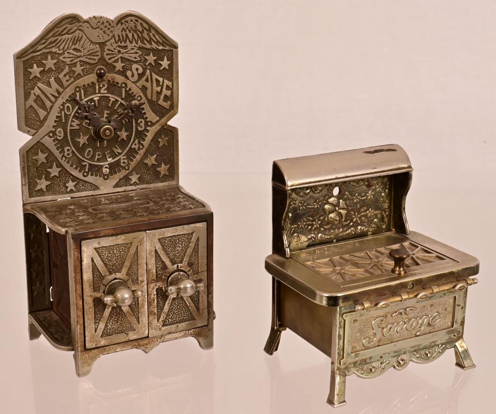 Cast Iron Advertisement Time Safe and Savage Stove: E. M. Roche Novelty, Bloomfield, NJ. Cast Iron Time Safe Combination. 7" X 3 3/4" X 2 1/2". Savage California Design Cast Iron Stove Advertisement Sample 4 1/2" X 4" X 2 3/4".
