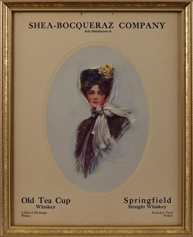 Shea-Bocqueraz Co. Whiskey Framed Litho: Shea-Bocqueraz Company, Distributors of Old Tea Cup and Springfield Straight Whiskey. Lithograph of original Philip Boileau painting, copyright 1906. Frame measures 17.75" x 21.75"