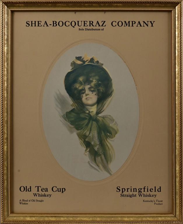Shea-Bocqueraz Co. Whiskey Framed Litho: Shea-Bocqueraz Company, Distributors of Old Tea Cup and Springfield Straight Whiskey. Lithograph of original Philip Boileau painting, copyright 1907. Frame measures 17.75" x 21.75"