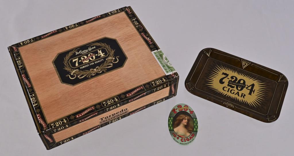 K.A. Kendall's 7-20-4 Cigar Box: Comes with 7-20-4 R.G. Sullivan's Advertising Cigar Tip Tray 6' X 4" and Pocket Mirror 2 3/4" X 1 3/4"