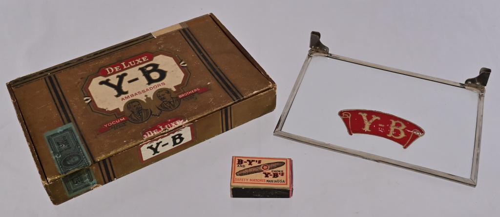 De Luxe Y-B Ambassadors Cigar Box,: Yocum Brothers, Reading Penna. Estab 1879. 9 3/4" X 5 3/4" X 1 1/2". Comes with Y-B matchbox with matches and Y-B Glass Display 8 1/4" X 5 1/2"