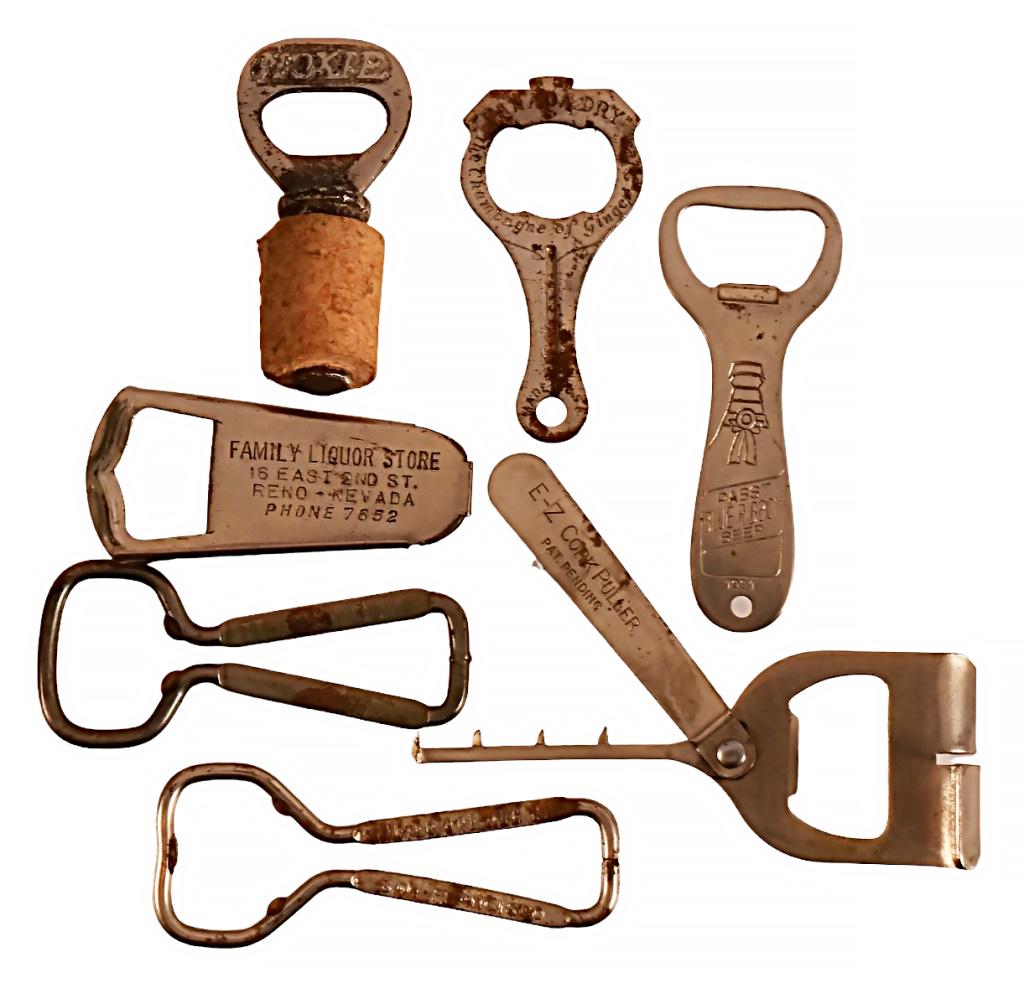Advertisement Bar Bottle Openers: (7) Advertisement Bottle Openers. Pabst Blue Ribbon, Rainer Beer/ Ale, Moxie, Family Liquor Store, Coca Cola, Canada Dry andE-Z Cork Puller.